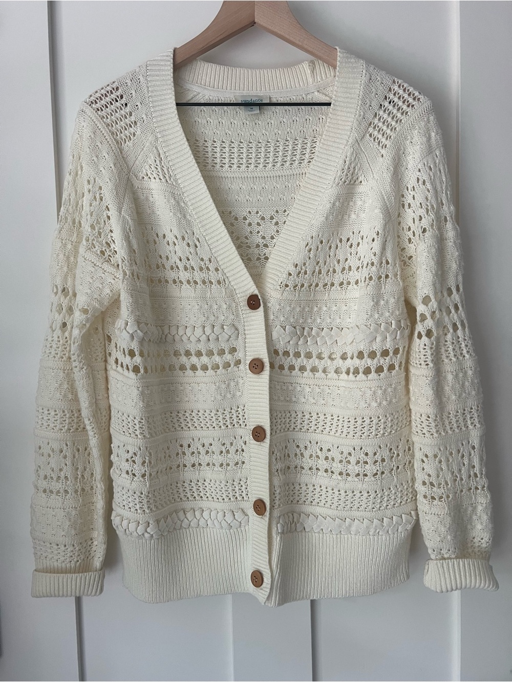 Sundance Travelers Cardigan Cream Open Knit Cotton Blend Sweater M - Picture 2 of 12